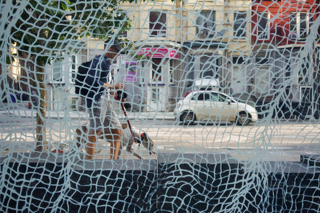 View through the "cheese cloth" installation at Grasett Park on Adelaide Street West, Toronto.