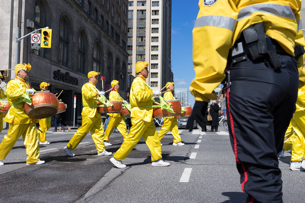 Yellow Drummers march through Toronto's Bloor/Avenue Road intersection
