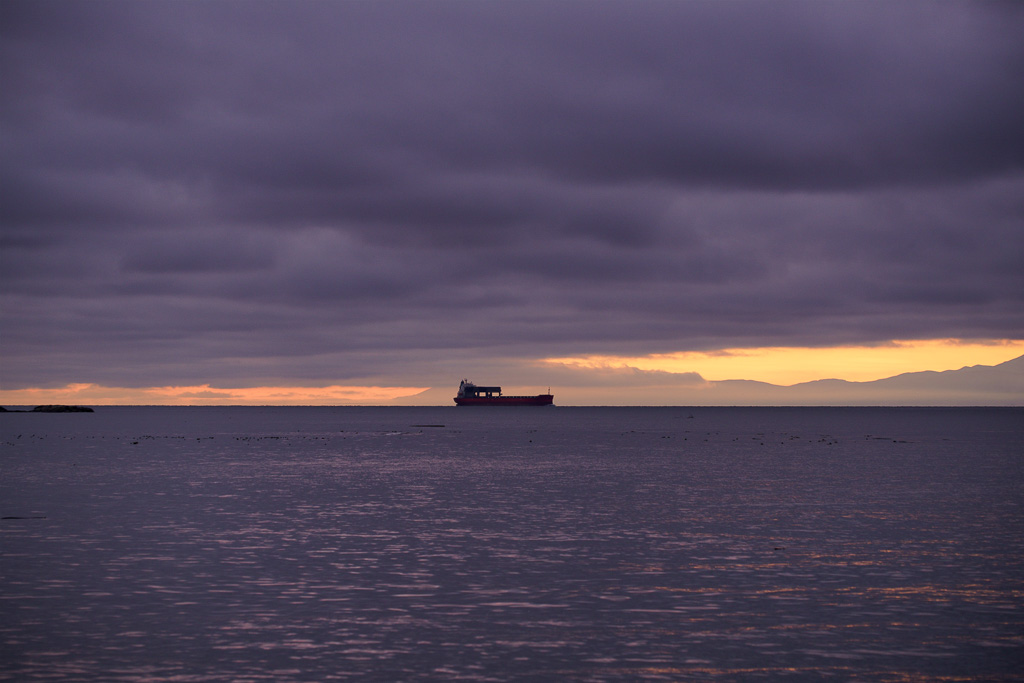 Container ship appears at sunrise viewed from the Ogden Point Breakwater, Victoria, B.C.