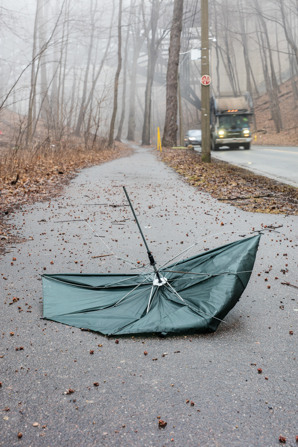 An upended green umbrella lies on the damp path beside Rosedale Valley Road while in the distance, obscured by fog, a bridge spans the valley.